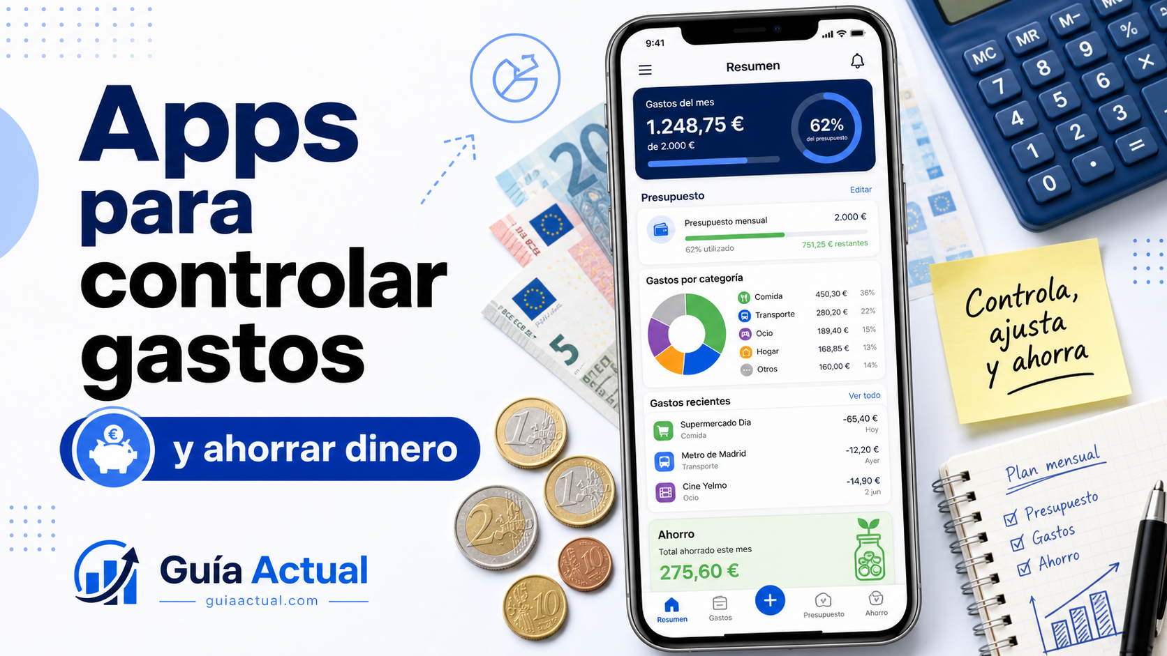Imagen sobre apps para controlar gastos y ahorrar dinero con móvil, presupuesto mensual, monedas y gráficos financieros