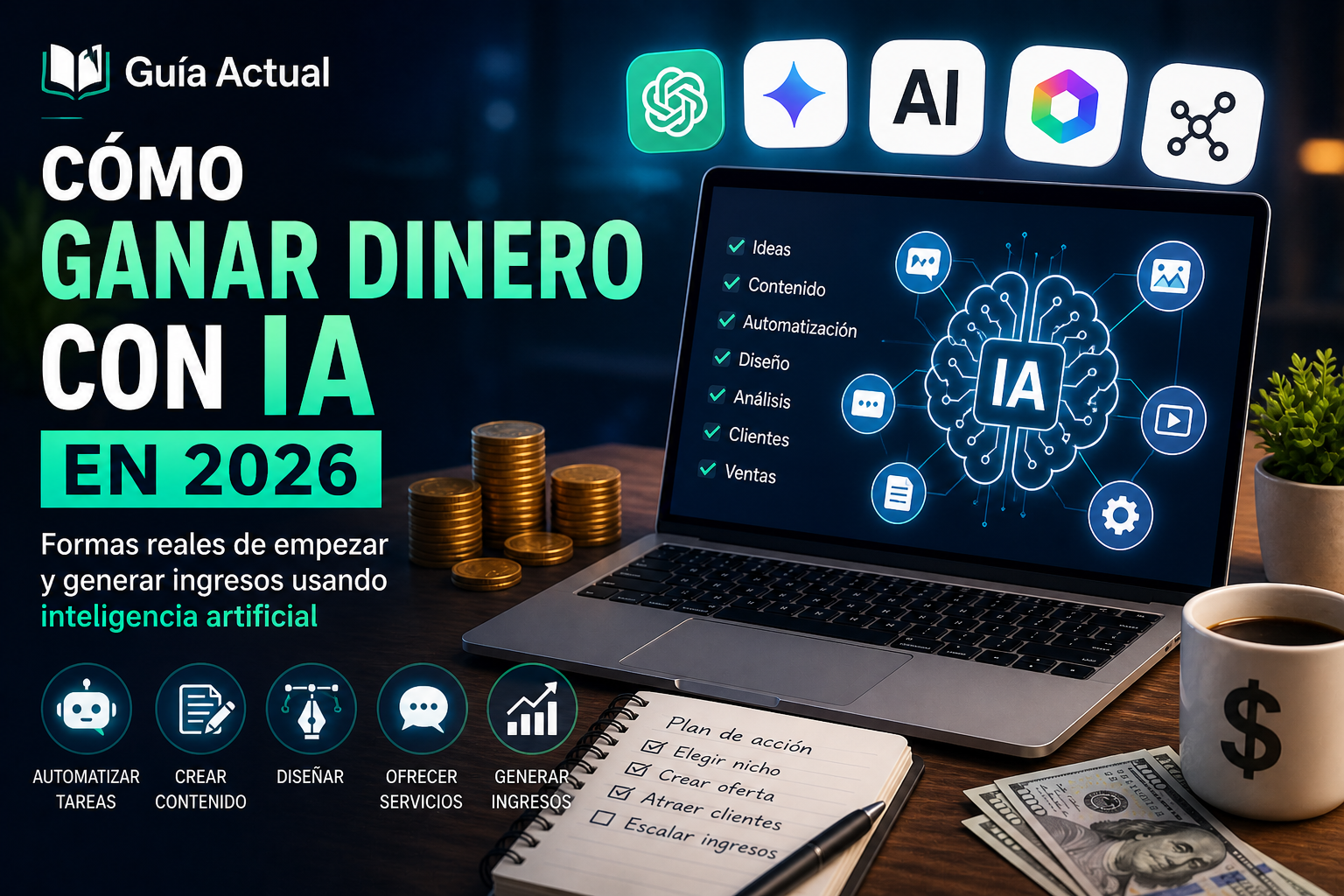 Imagen sobre cómo ganar dinero con IA en 2026 usando inteligencia artificial para automatizar tareas, crear contenido, diseñar y generar ingresos
