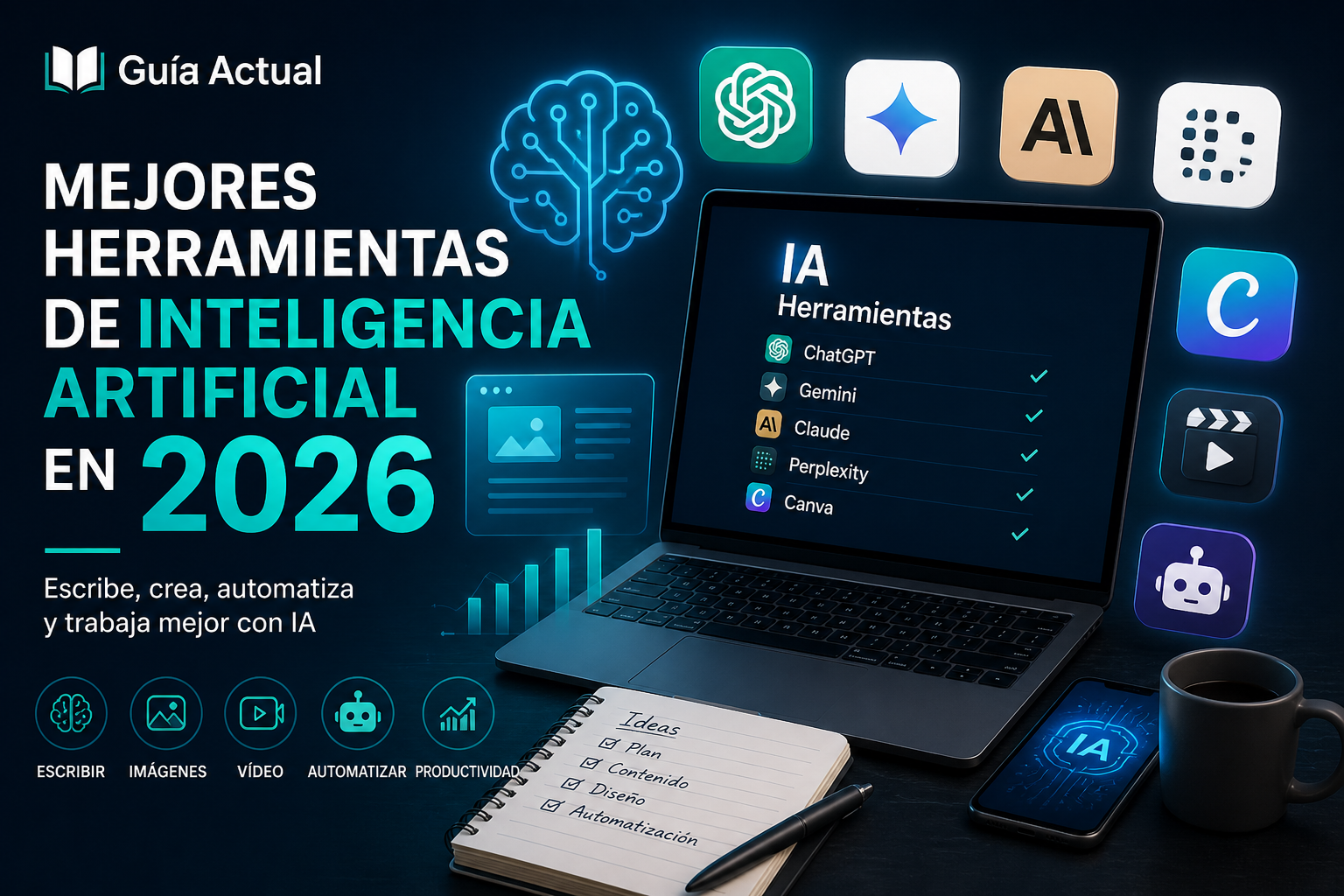 Imagen sobre las mejores herramientas de inteligencia artificial en 2026 con ordenador, iconos de IA, automatización, diseño y productividad