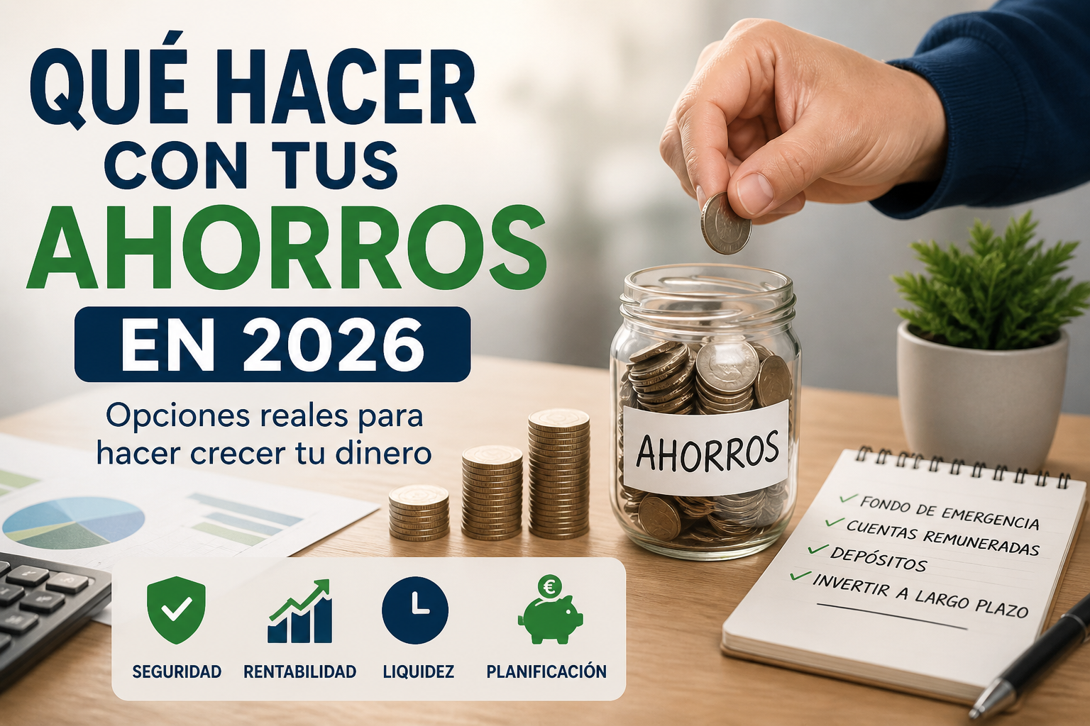 Imagen sobre qué hacer con tus ahorros en 2026 con bote de monedas, opciones de ahorro, depósitos e inversión a largo plazo