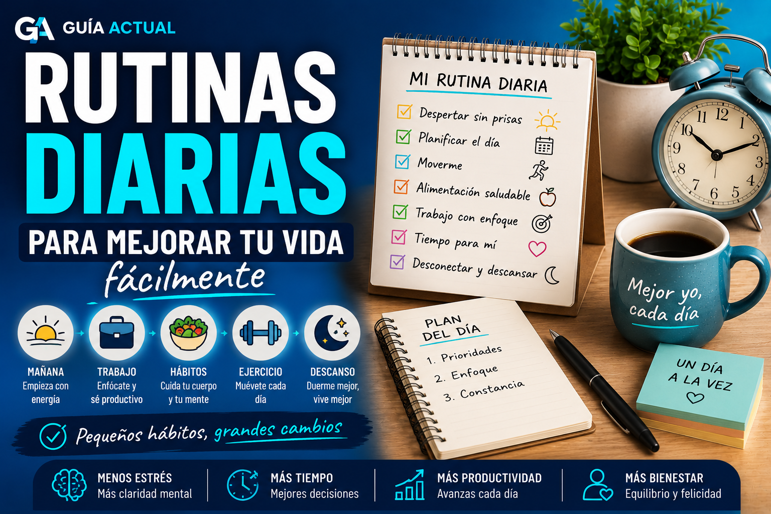 Rutinas diarias para mejorar tu vida con hábitos simples de mañana, trabajo y descanso